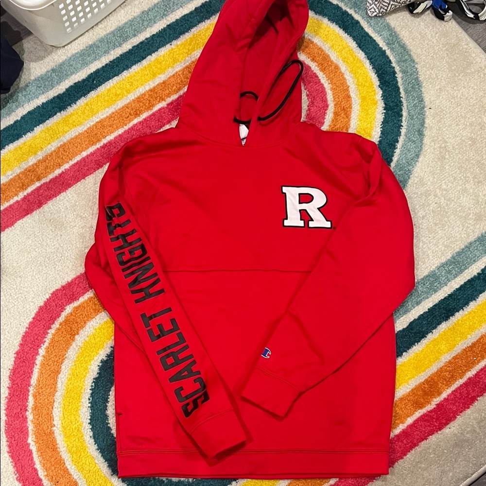 Rutgers Champion Red Hoodie with Sleeve Print